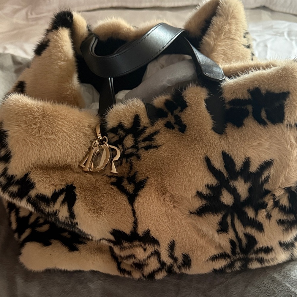 Dior Black and Tan Floral Faux Fur Shoulder Bag